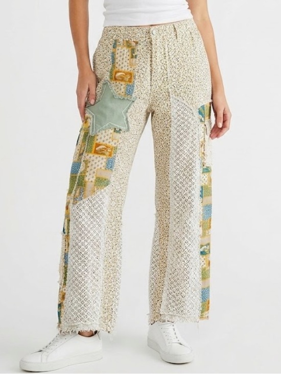 POL Pants - POL Cream Patchwork Wide-Leg Pants with Green Star Accent